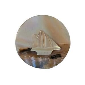 Vintage Abalone & Mother of Pearl Sailboat Brooch - Carved Circular Pin